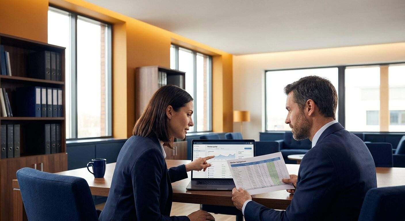 A partnerships leader and a RevOps analyst evaluating PRM software on a laptop, a vendor comparison sheet and a partner portal screen visible, deep navy and warm amber palette
