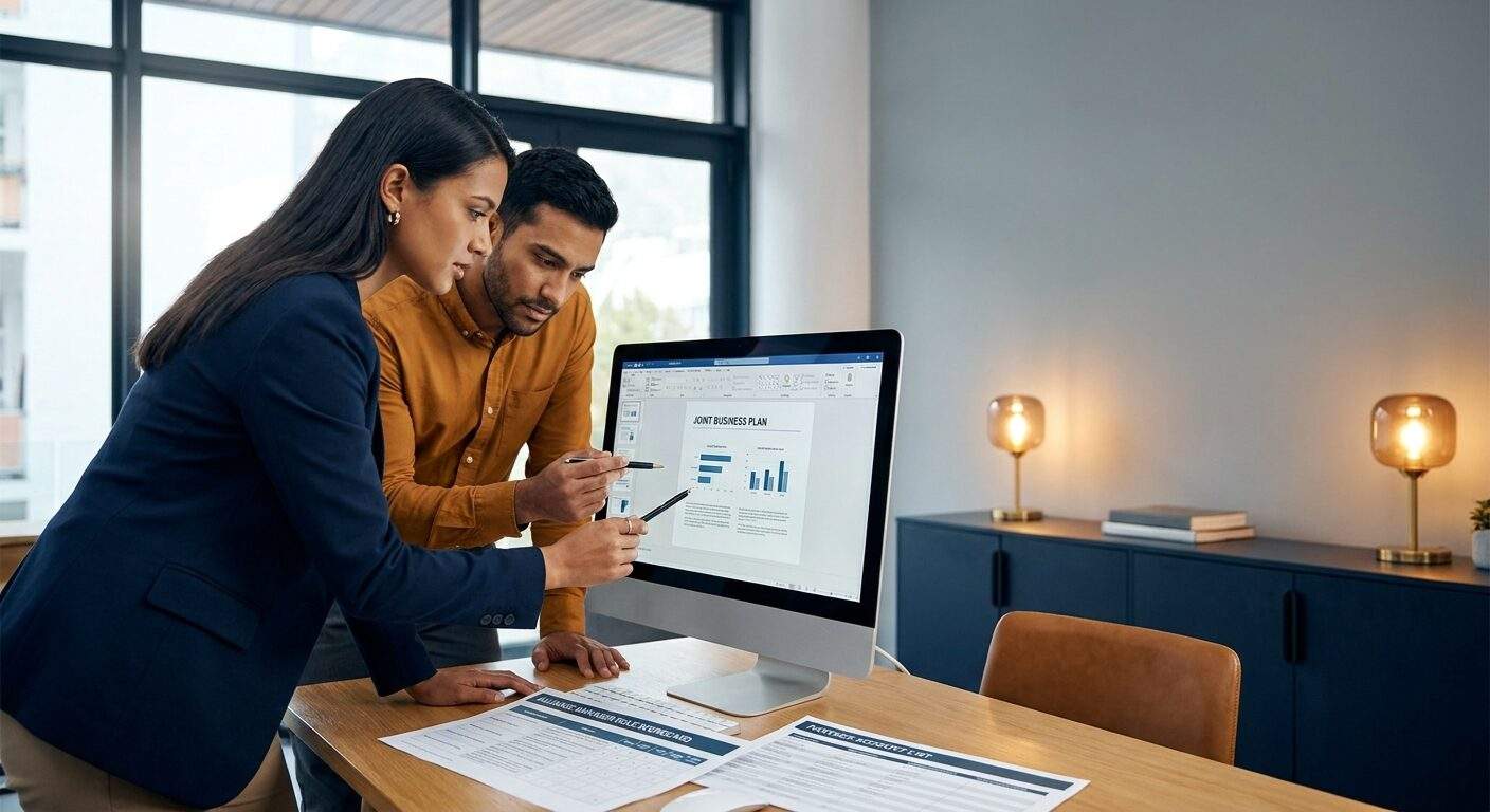 A hiring manager and a partnerships leader reviewing an alliance manager job description against a joint business plan on a monitor, a printed role scorecard and partner account list on the table, deep navy and warm amber palette