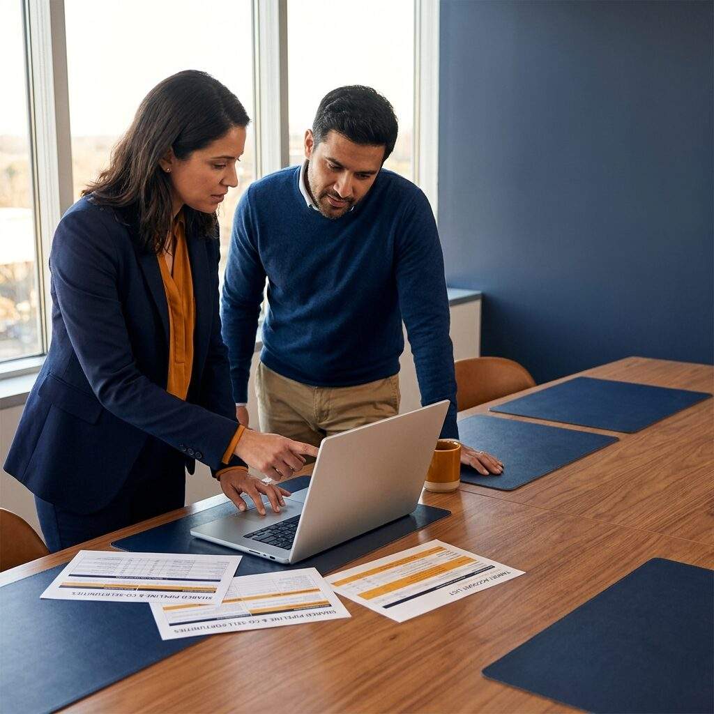 An ISV partnerships manager and an AWS partner development rep reviewing co-sell opportunities on a laptop, a printed opportunity-sharing pipeline and account list on the table, deep navy and warm amber palette
