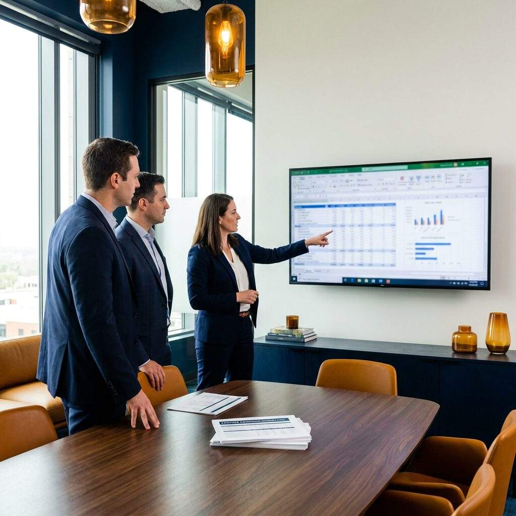 A B2B channel marketing manager and two partner marketers reviewing a joint demand plan on a wall monitor in a modern office, a printed partner campaign scorecard on the table, deep navy and warm amber palette