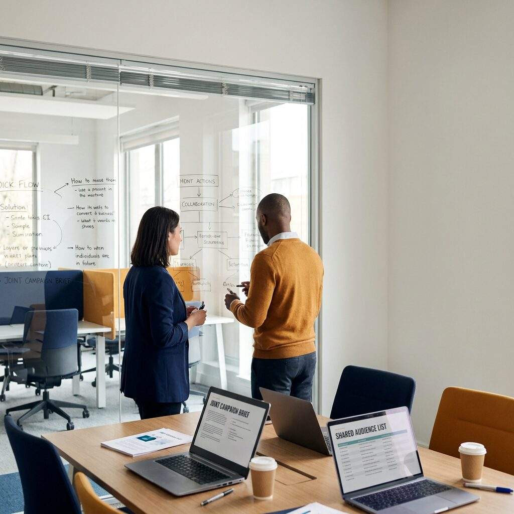 A B2B partner marketing manager and a partner's marketer planning a co-branded webinar on a glass wall, a printed joint campaign brief and a shared audience list on the table in an open office, deep navy and warm amber palette