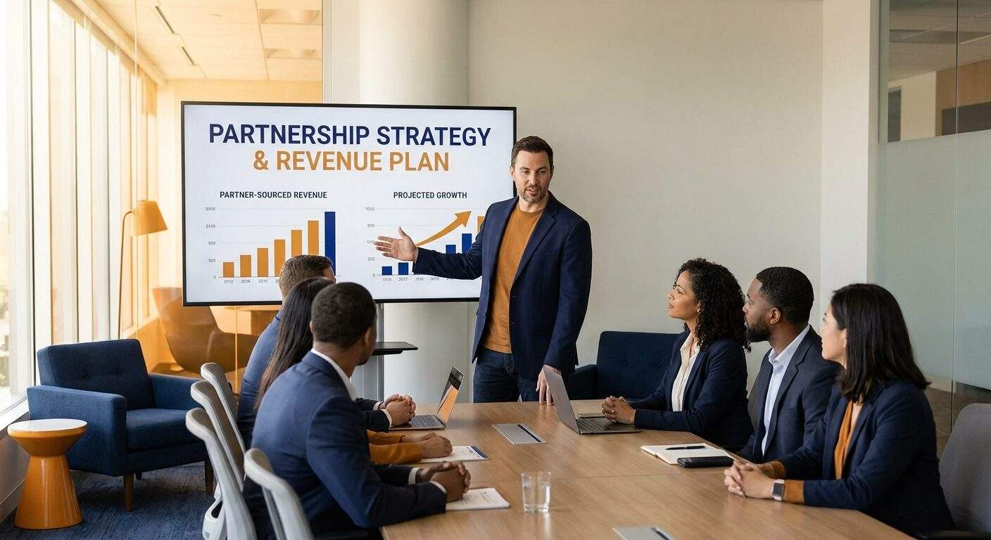 A partnerships leader briefing a cross-functional B2B team at a conference table, a printed partnership strategy and partner-sourced revenue plan visible on screen, deep navy and warm amber palette