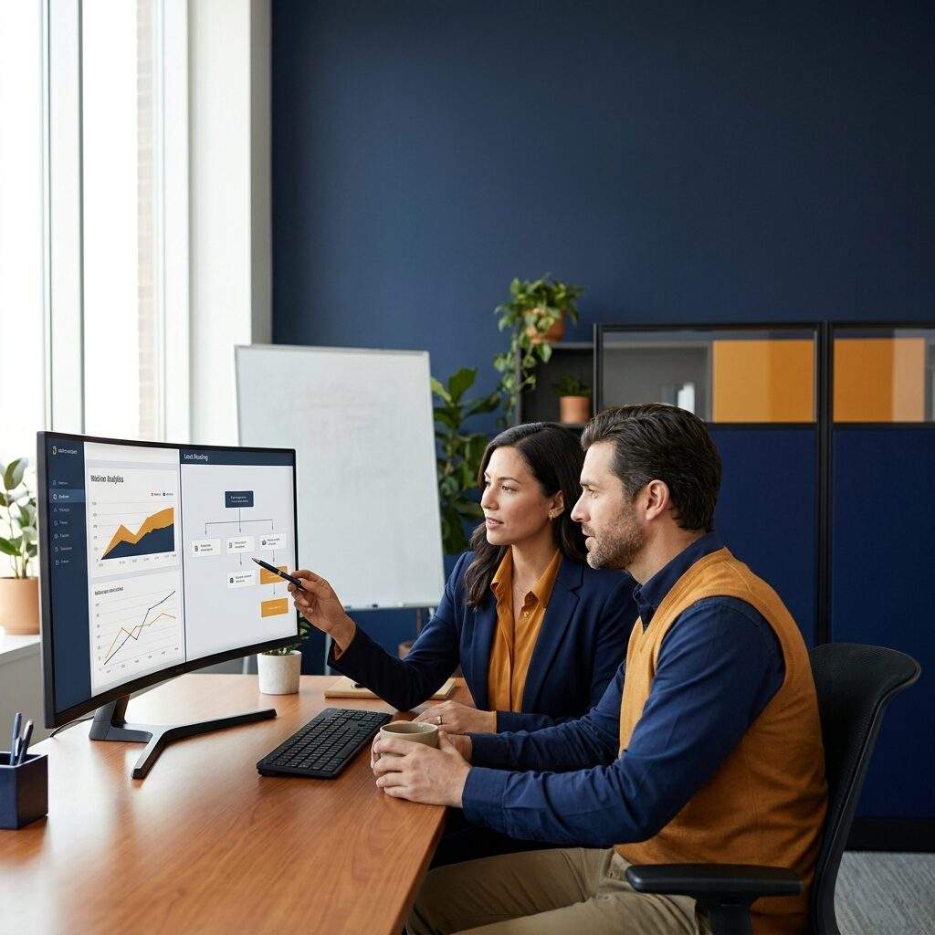 A SaaS partner marketing manager and a partner's marketing lead planning a co-branded campaign at a shared screen showing a joint webinar and a lead-routing flow, deep navy and warm amber palette