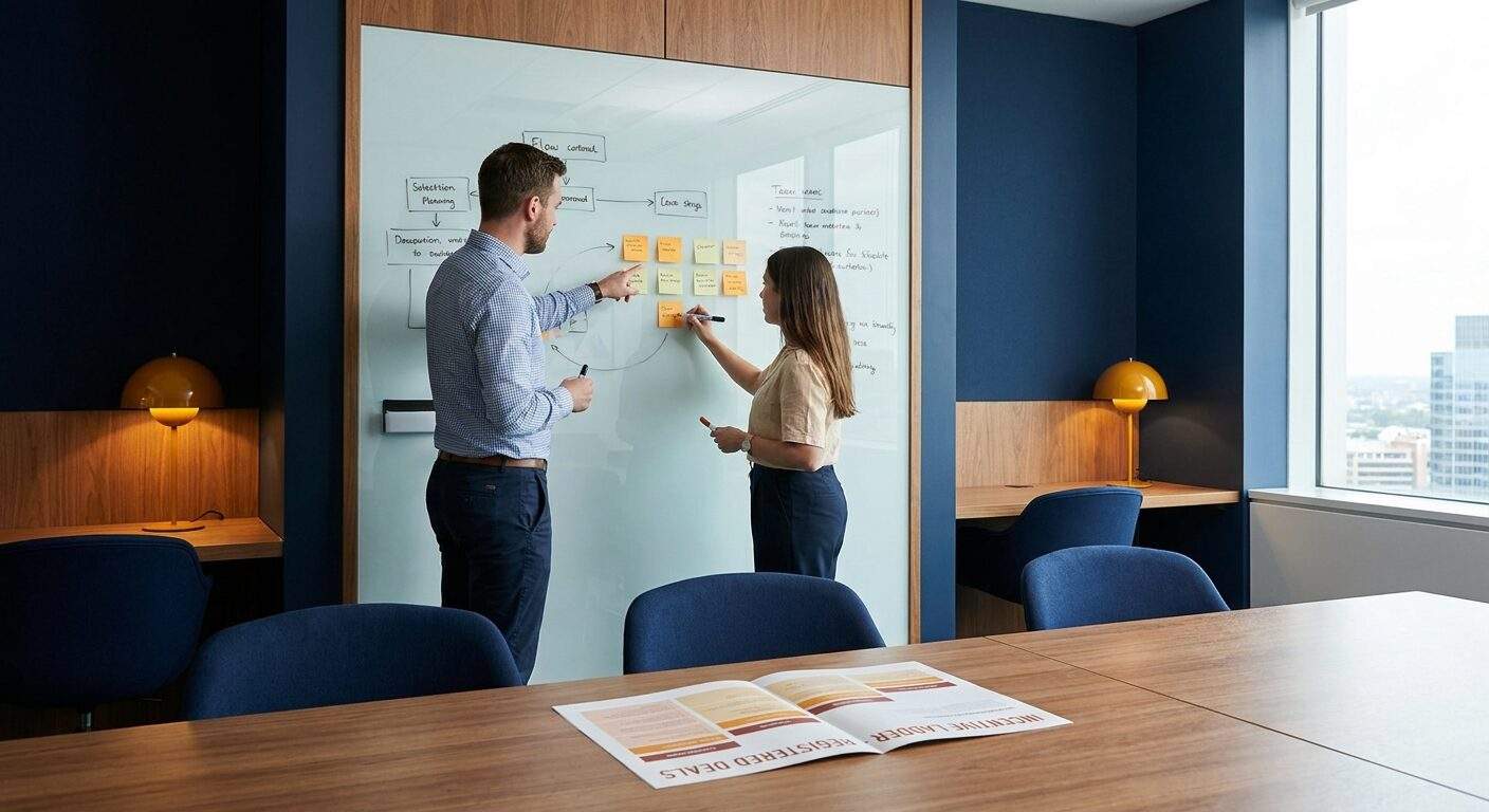 A partner marketing lead and a partnerships manager mapping partner rewards to specific actions on a whiteboard, a printed incentive ladder tied to registered deals on the table, deep navy and warm amber palette