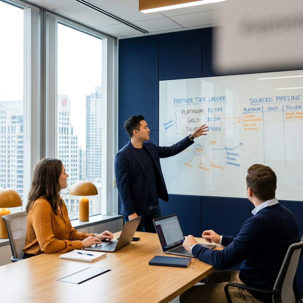 Business meeting in a bright office as a man in a blazer explains a whiteboard diagram to two seated colleagues with laptops open on the table.