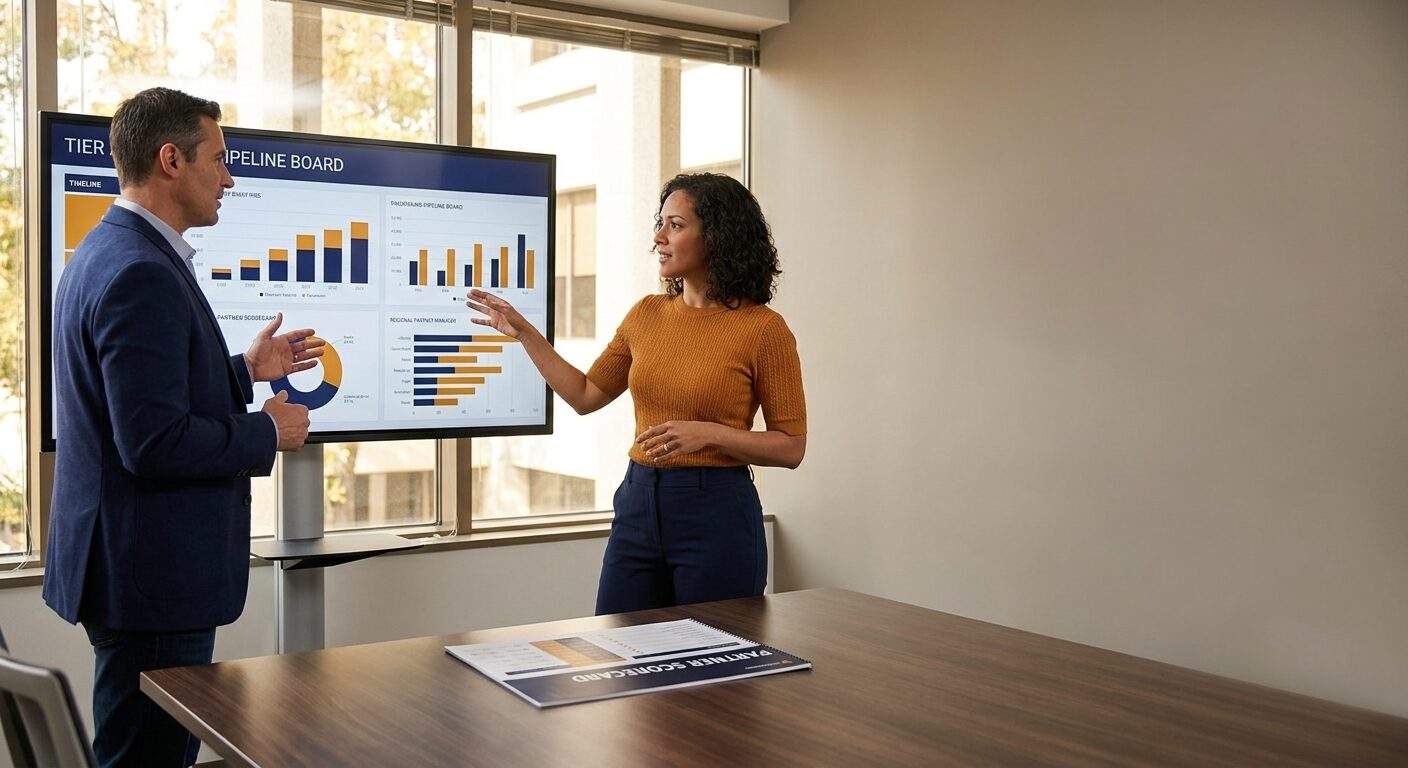 A channel chief and a regional partner manager running a quarterly partner review, walking a tier-and-pipeline board on a wall monitor with a printed partner scorecard on the table, deep navy and warm amber palette