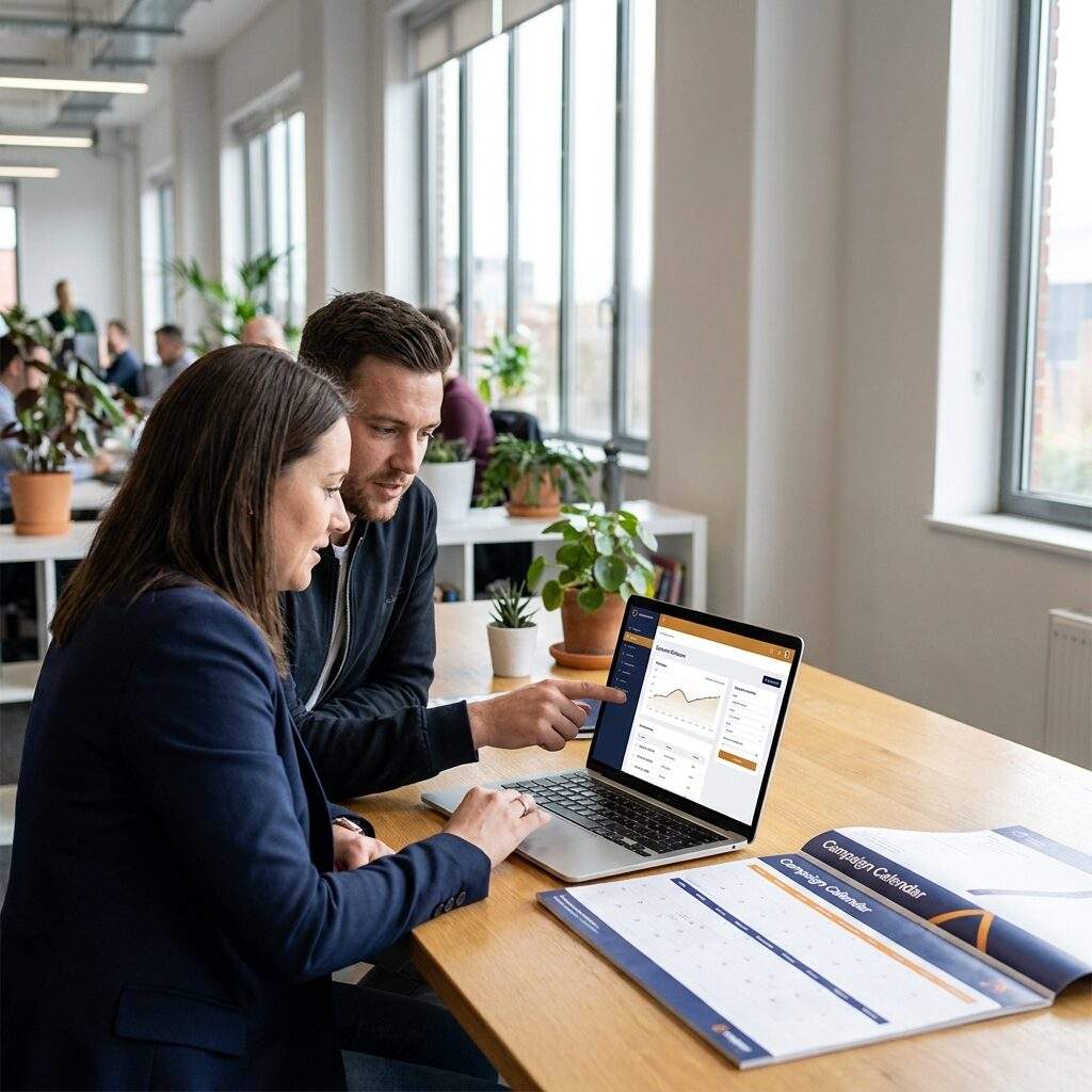 A partner marketing manager and a channel partner reviewing a co-branded campaign and MDF request inside channel marketing software on a laptop, a printed campaign calendar on the table in an open office, deep navy and warm amber palette
