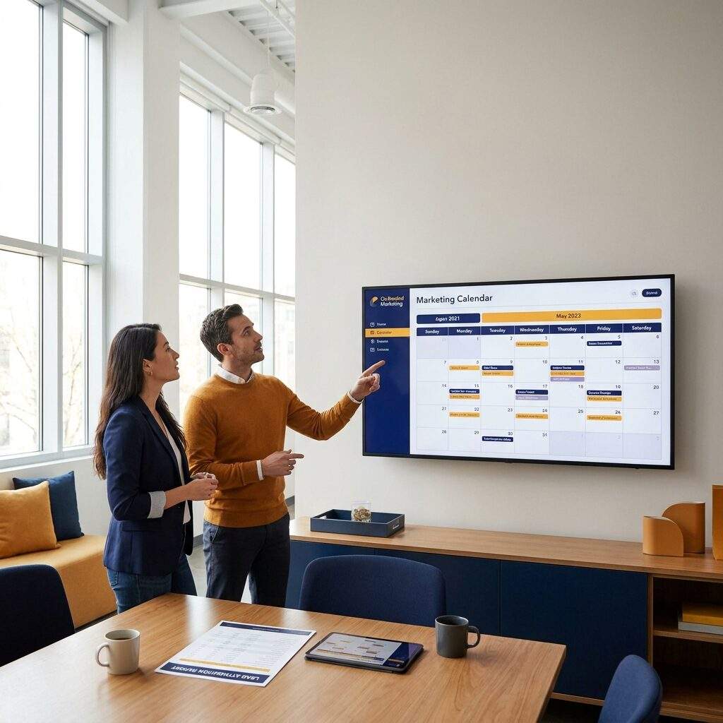 A partner marketing manager and a channel partner's marketing lead reviewing a co-branded campaign calendar on a wall monitor in an open office, a printed lead-attribution report on the table, deep navy and warm amber palette