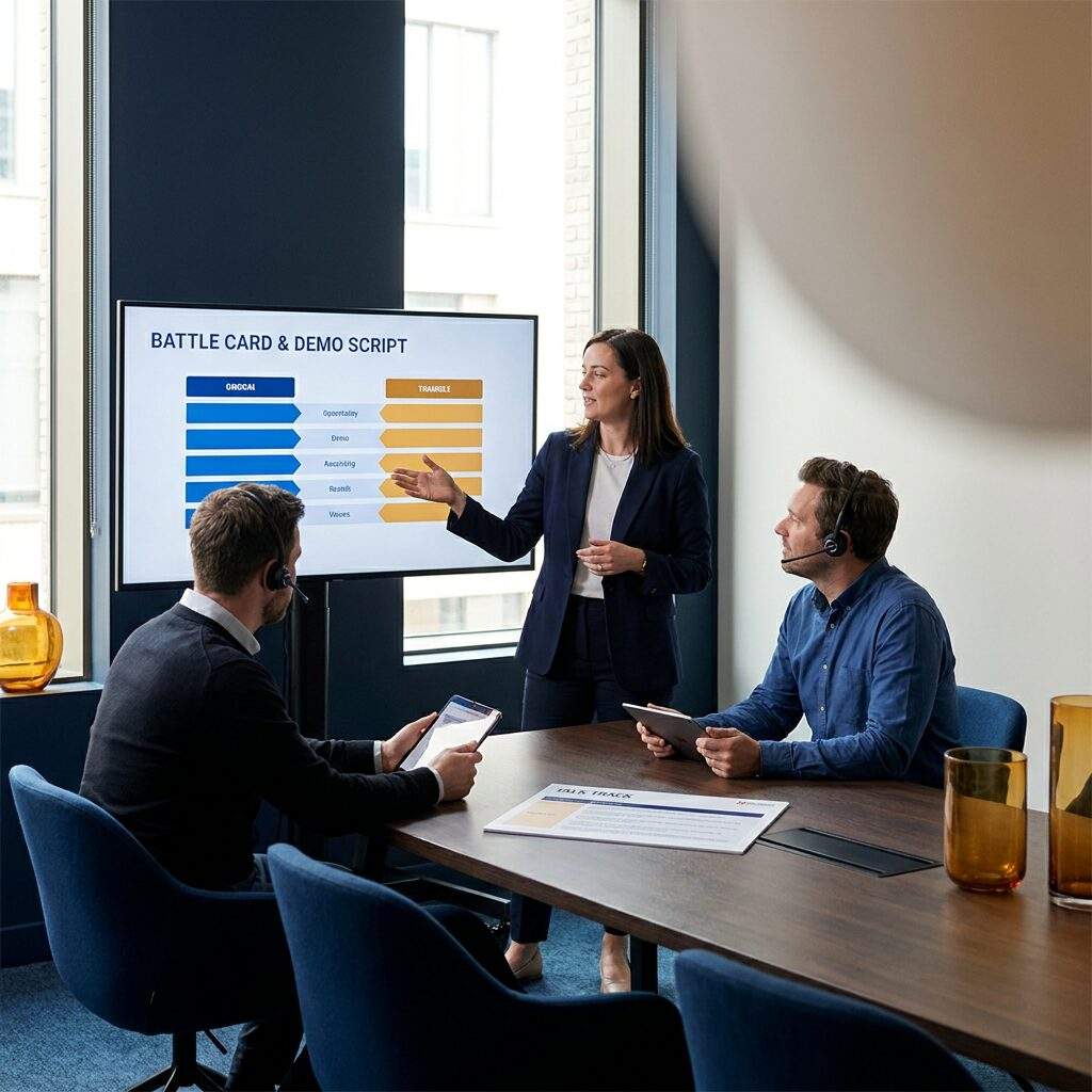 A channel enablement lead running a live pitch rehearsal with two reseller reps, a battle card and demo script on the screen and a printed talk track on the table, deep navy and warm amber palette