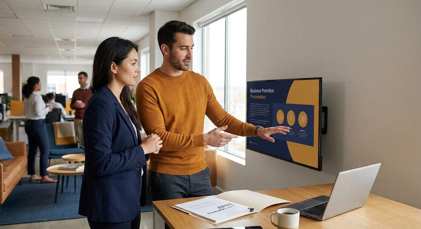 A channel marketing manager and a reseller's marketing lead planning a co-branded campaign on a wall monitor in an open office, a printed joint campaign brief on the desk, deep navy and warm amber palette