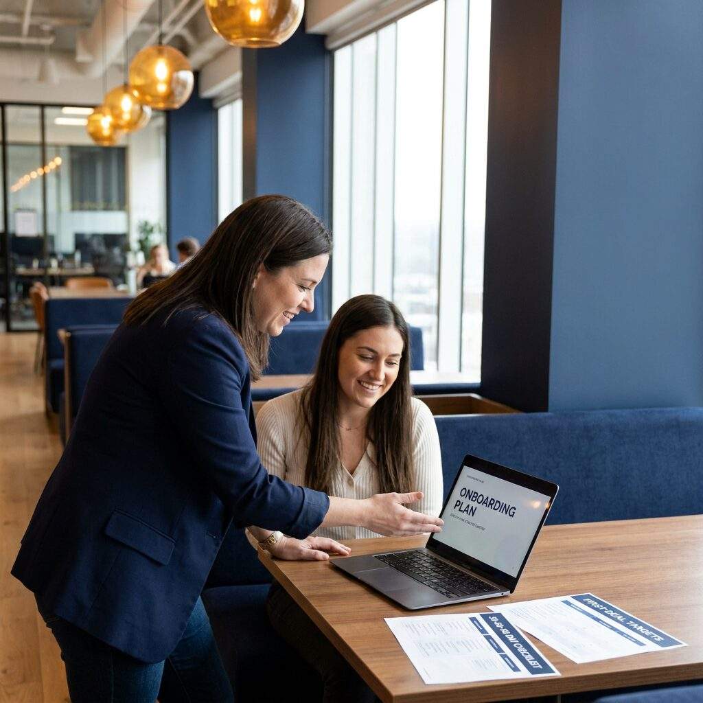 A partner manager walking a new channel partner through an onboarding plan on a laptop during a kickoff, a printed 30-60-90 onboarding checklist and first-deal targets on the table in an open office, deep navy and warm amber palette