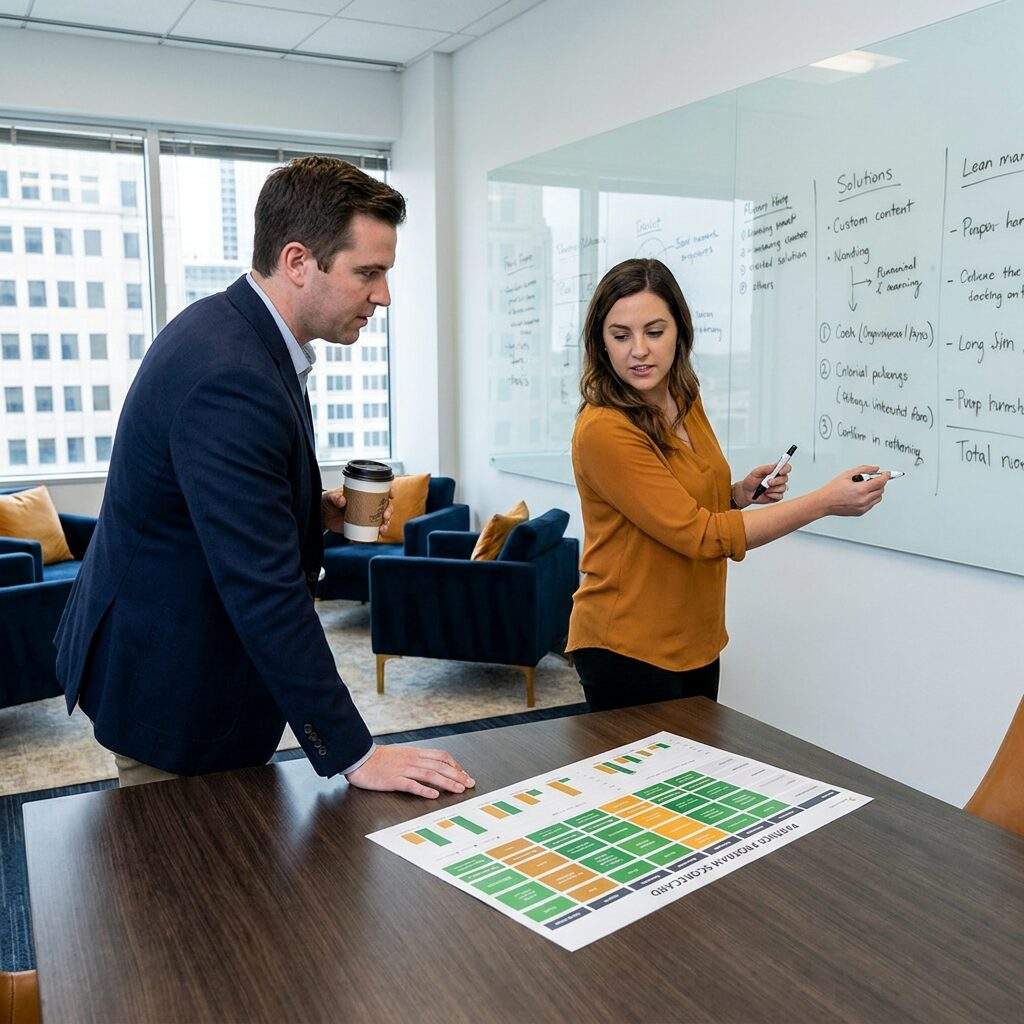 A partnerships leader and an operations manager mapping a partner tier structure on a glass whiteboard in a modern office, a printed program scorecard with green and amber rows on the table, deep navy and warm amber palette
