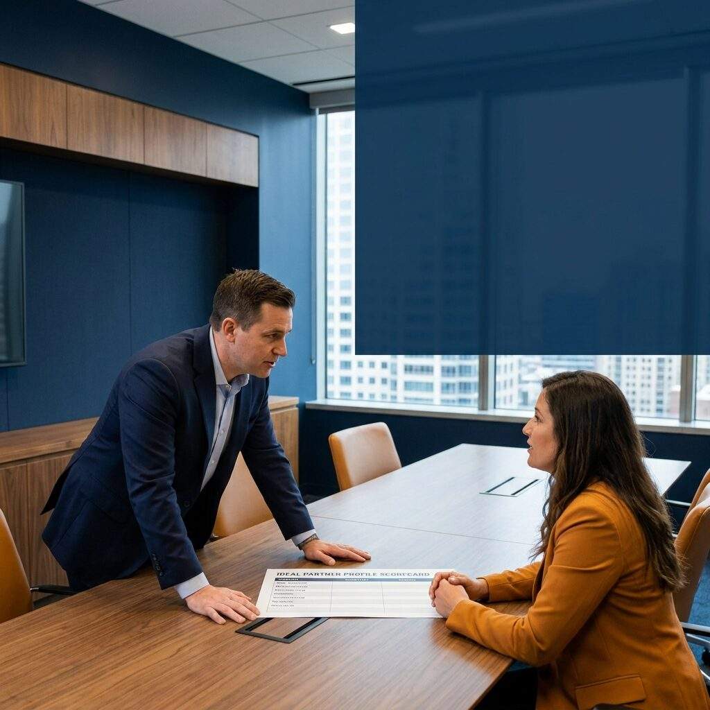 A partnerships leader interviewing a prospective channel partner across a conference table, an ideal partner profile scorecard and a shortlist of partner names visible on a printed sheet between them, deep navy and warm amber palette