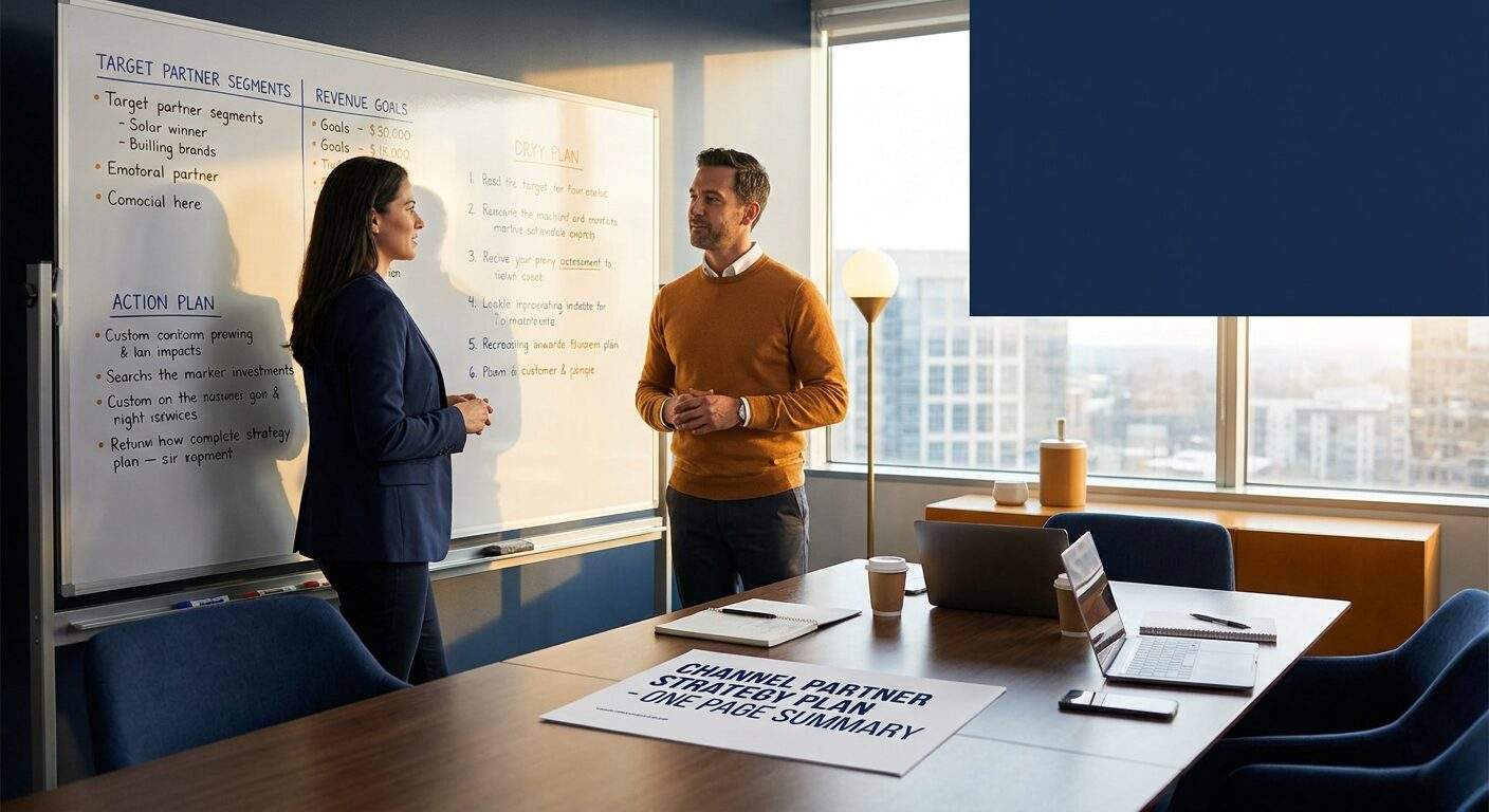A partnerships leader and a CRO reviewing a channel partner strategy plan on a whiteboard, target partner segments and revenue goals mapped in columns, a printed one-page plan on the table, deep navy and warm amber palette