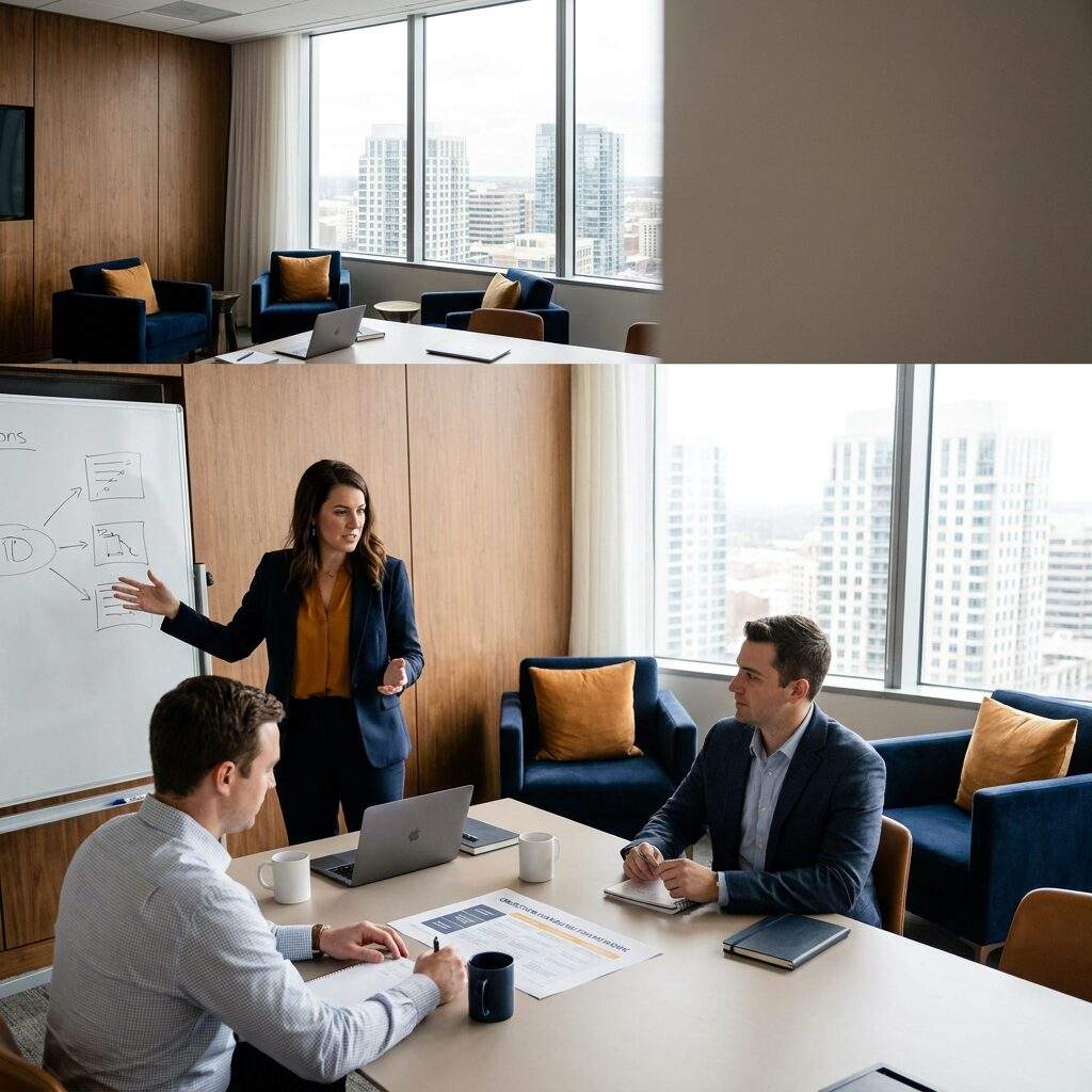 A channel enablement lead running a product certification session for two reseller account executives in a conference room, a printed objection-handling one-pager on the table, deep navy and warm amber palette