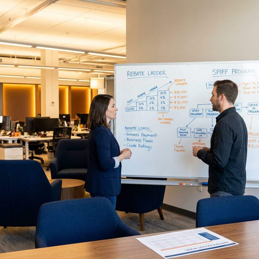 A channel chief and a finance partner designing channel sales incentive programs at a whiteboard showing a rebate and SPIFF ladder, a printed partner payout model on the table in an open office, deep navy and warm amber palette
