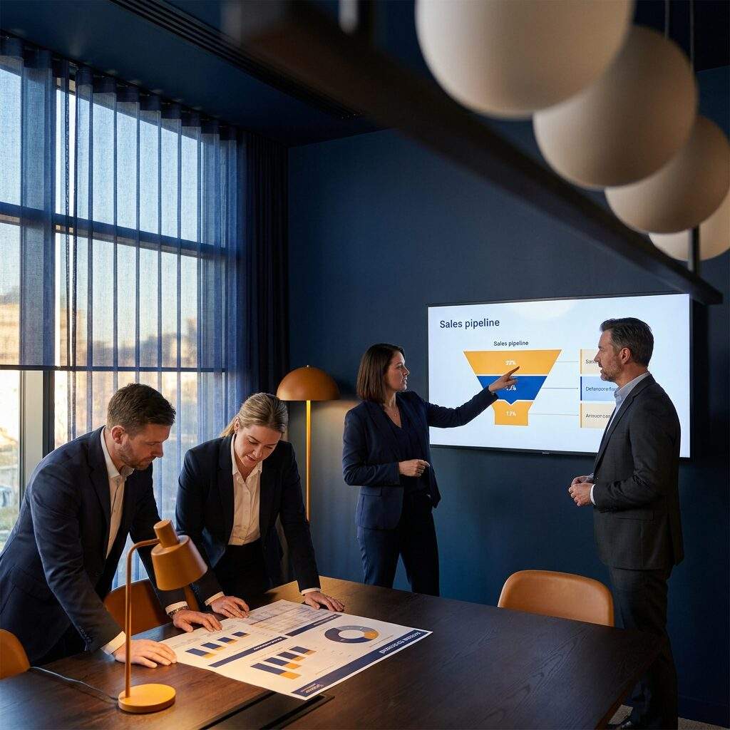 A channel sales management leader walking a sales VP through partner pipeline stages on a wall monitor while two channel managers review a partner scorecard at the table, deep navy and warm amber palette