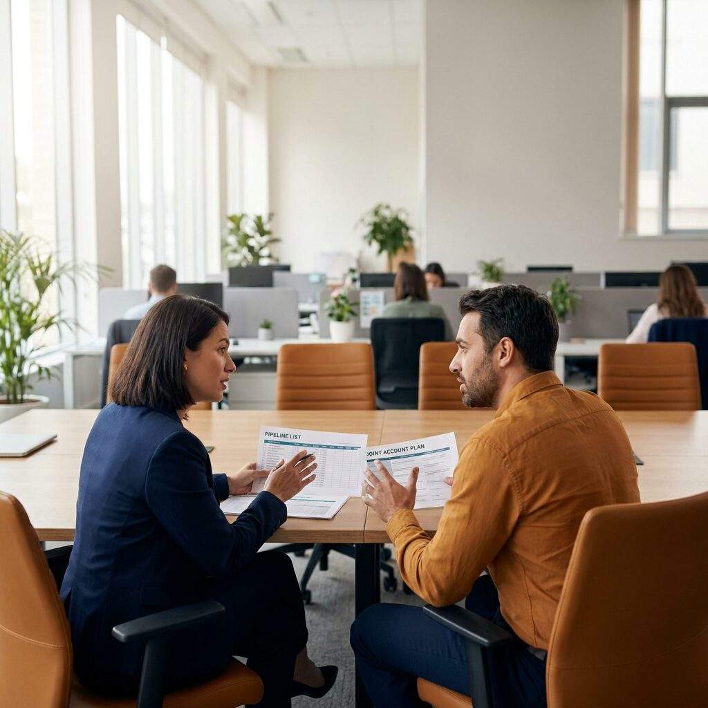 A channel sales manager running a partner deal review with a reseller's account executive at a conference table, a printed pipeline list and a joint account plan between them in an open office, deep navy and warm amber palette
