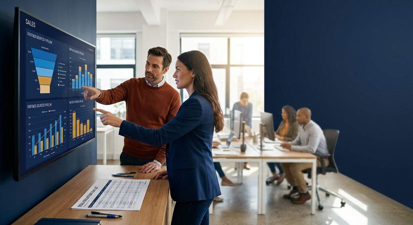A channel operations lead and a RevOps analyst comparing channel sales software dashboards showing partner-sourced pipeline on a wall monitor in an open office, a printed deal-registration list on the desk, deep navy and warm amber palette