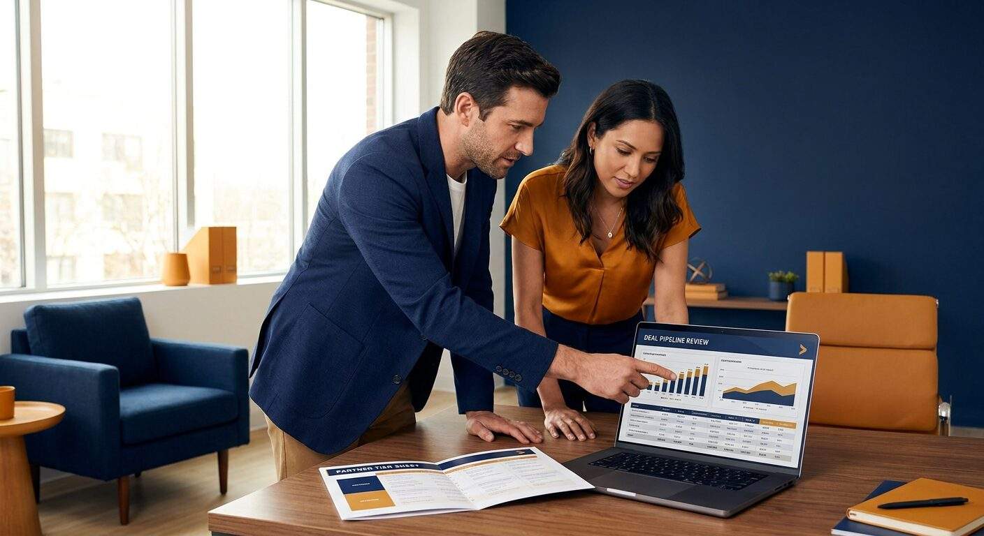A channel sales manager and a reseller's account executive reviewing a joint deal pipeline on a laptop in a bright office, a printed partner tier sheet on the desk, deep navy and warm amber palette