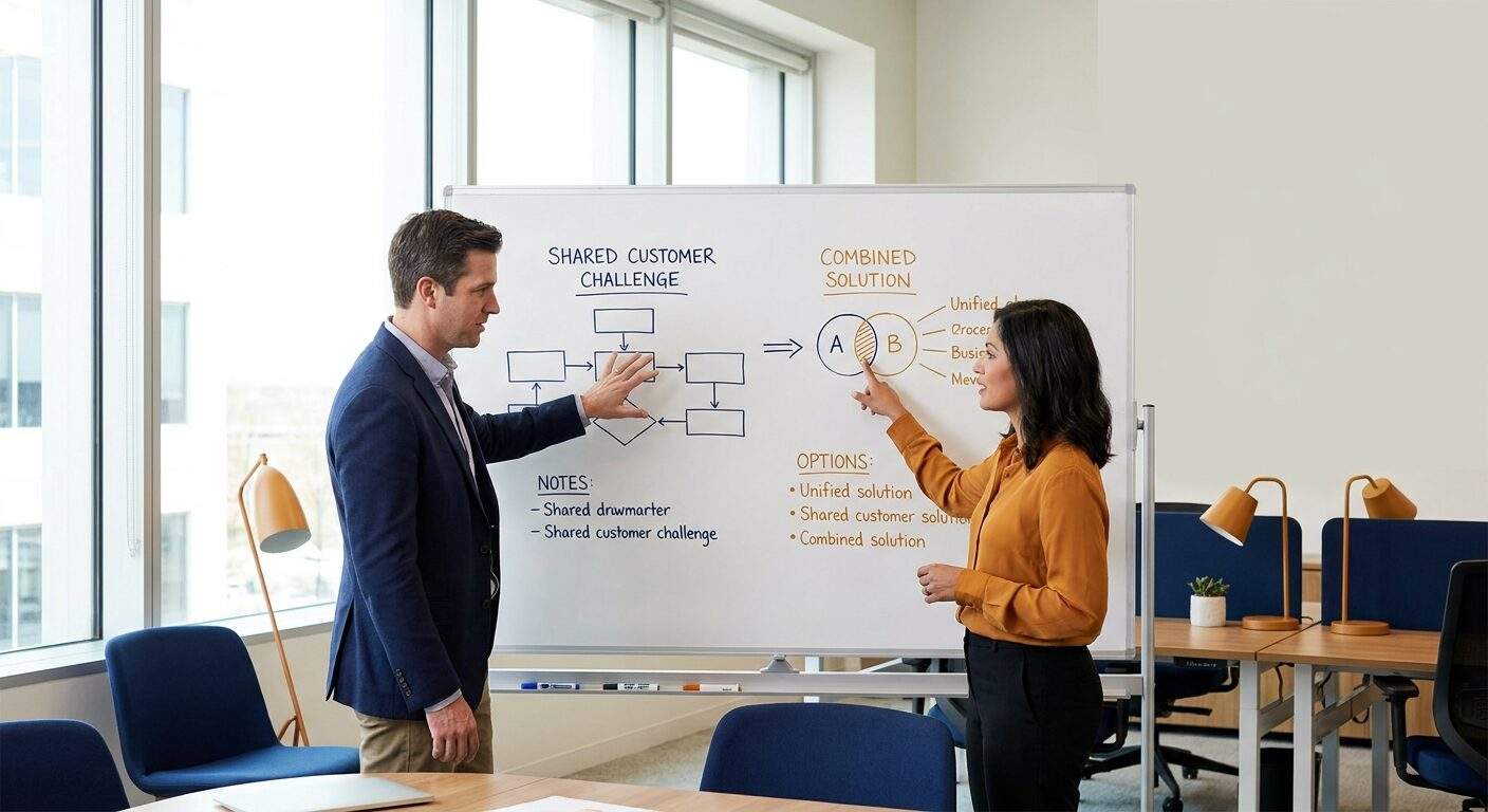 Two sellers from different companies rehearsing a joint pitch in front of a whiteboard that shows a shared customer problem and a combined solution, deep navy and warm amber palette