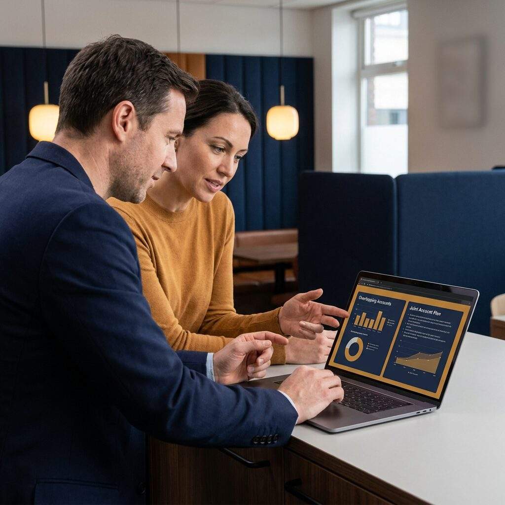 co-selling-platform-1 - Forecastable An account executive and a partner rep from another company running a co-sell deal review at a shared laptop, an overlapping-accounts view and a joint account plan on screen, deep navy and warm amber palette
