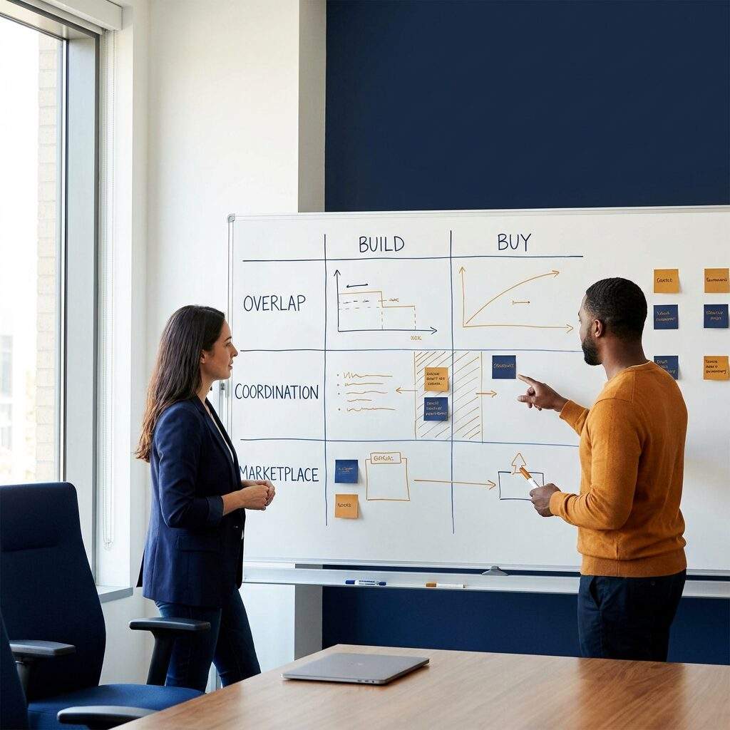 A partnerships leader and a RevOps manager weighing co-selling solution options on a whiteboard that maps build versus buy against overlap, coordination, and marketplace layers, deep navy and warm amber palette