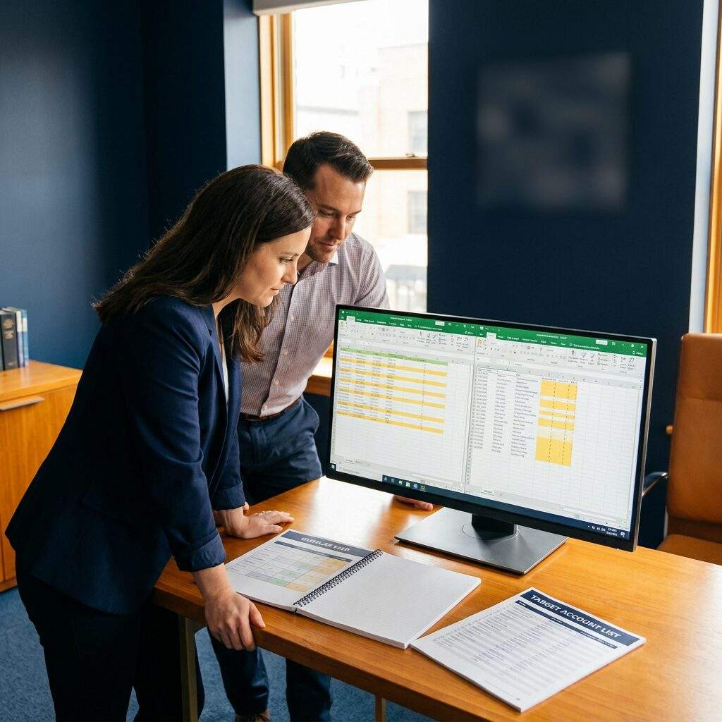 A partnerships manager and an account executive comparing two companies' customer lists on a monitor to find shared accounts, an overlap map and a target account list on the desk, deep navy and warm amber palette