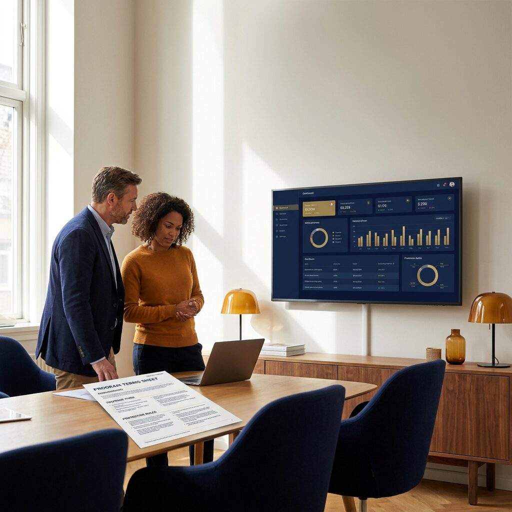 A channel manager and a partner reviewing deal registration best practices against an approval queue on a wall monitor, a printed program terms sheet with response times and protection rules visible on the table, deep navy and warm amber palette