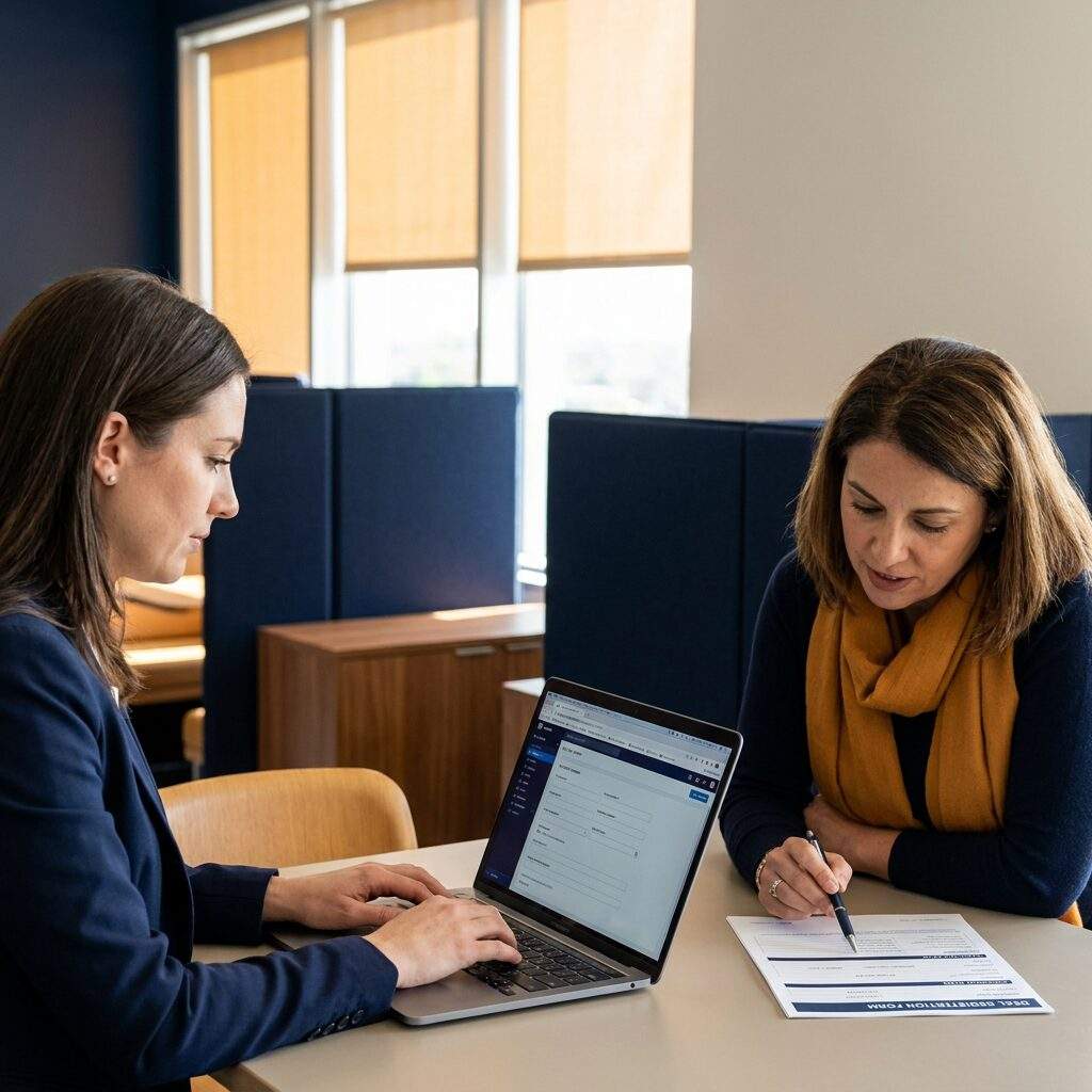 A partner account executive filling out a deal registration form on a laptop while a channel manager reviews the required fields on a printed template beside them, account name and close date visible, deep navy and warm amber palette