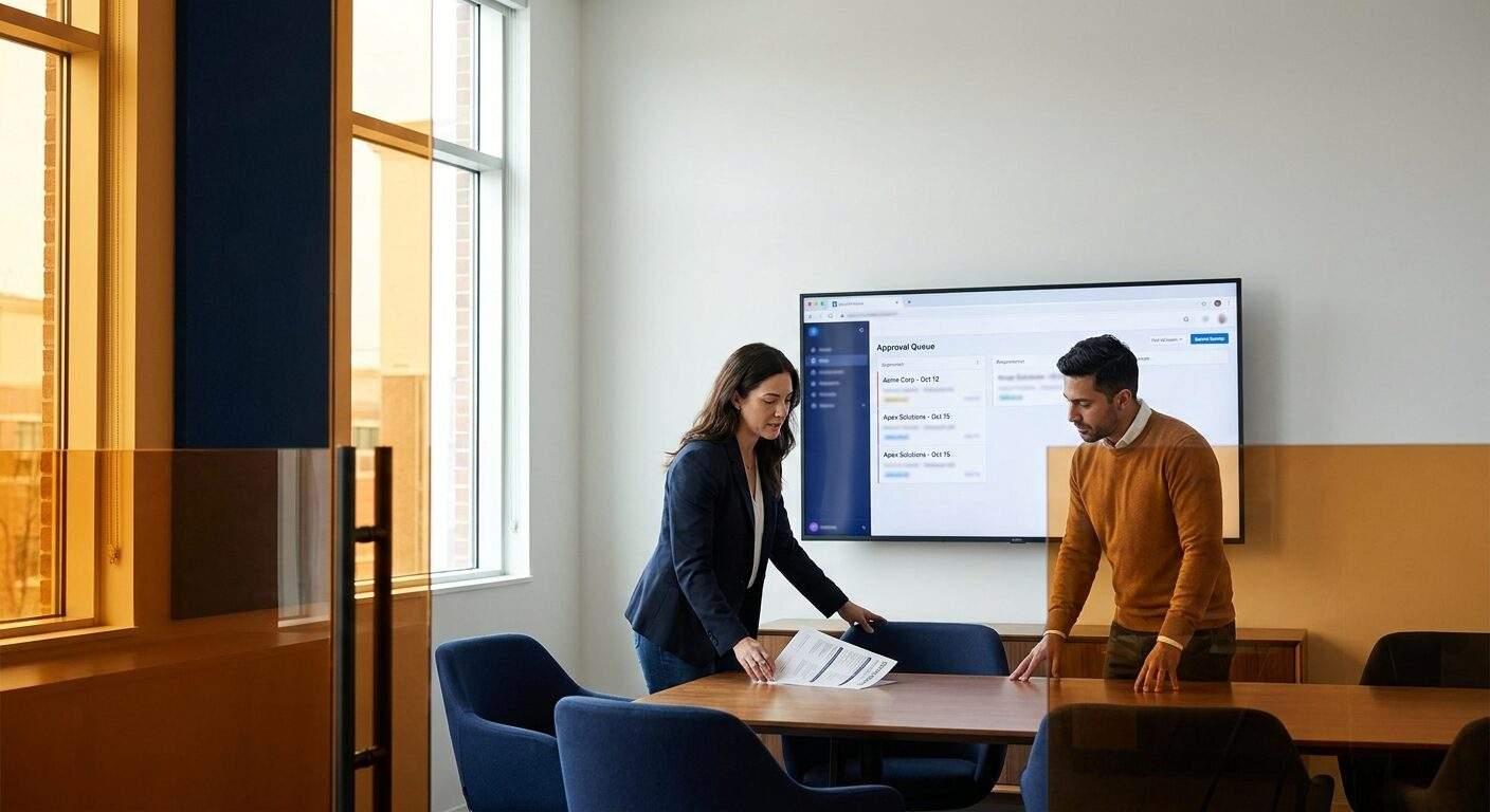 A vendor channel manager and a partner account executive walking through a deal registration process on a wall monitor, an approval queue with account names and dates visible, a printed opportunity form on the table between them, deep navy and warm amber palette