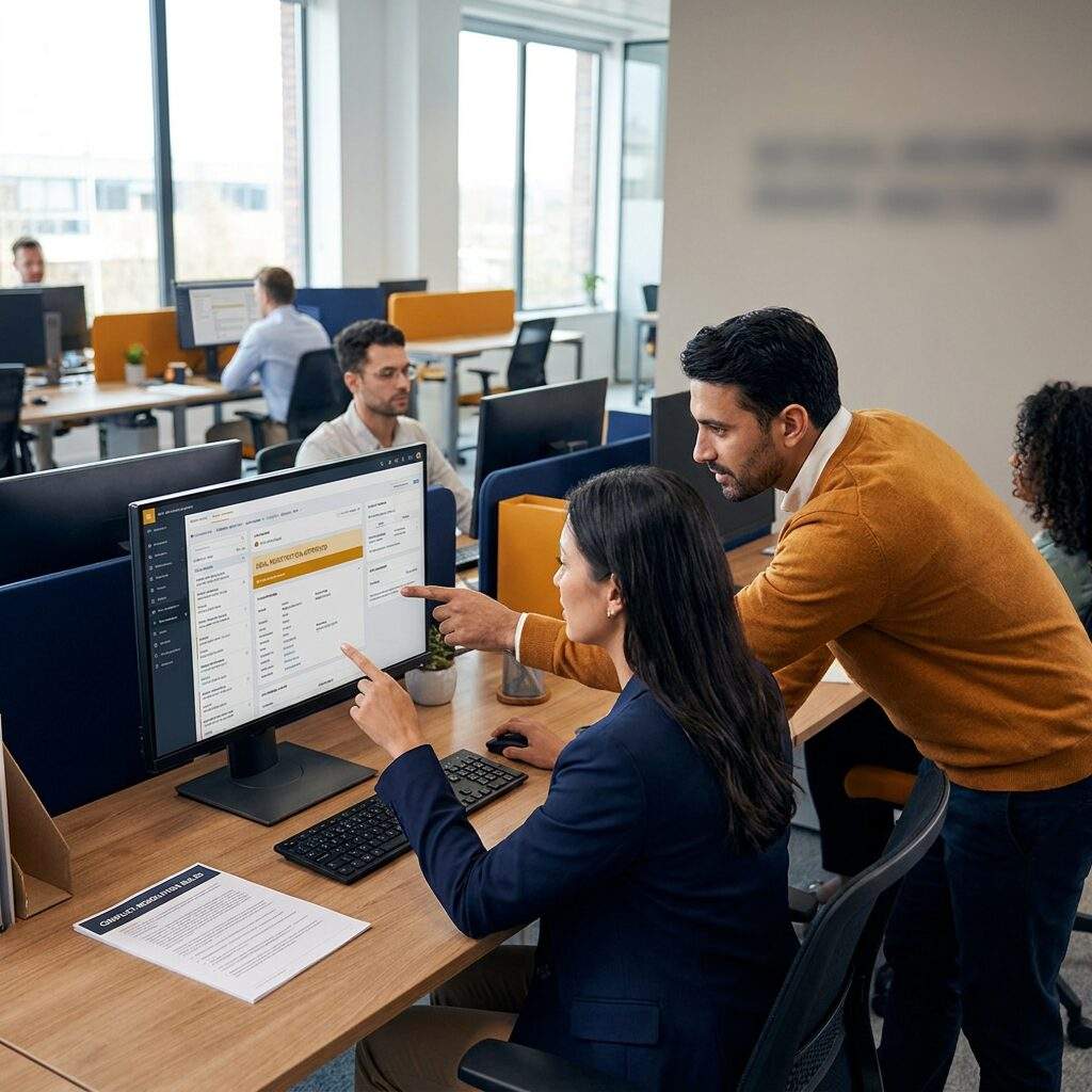 A channel operations manager and a partner account manager approving a deal registration in software on a shared screen, a printed conflict-resolution rules sheet on the desk in an open office, deep navy and warm amber palette
