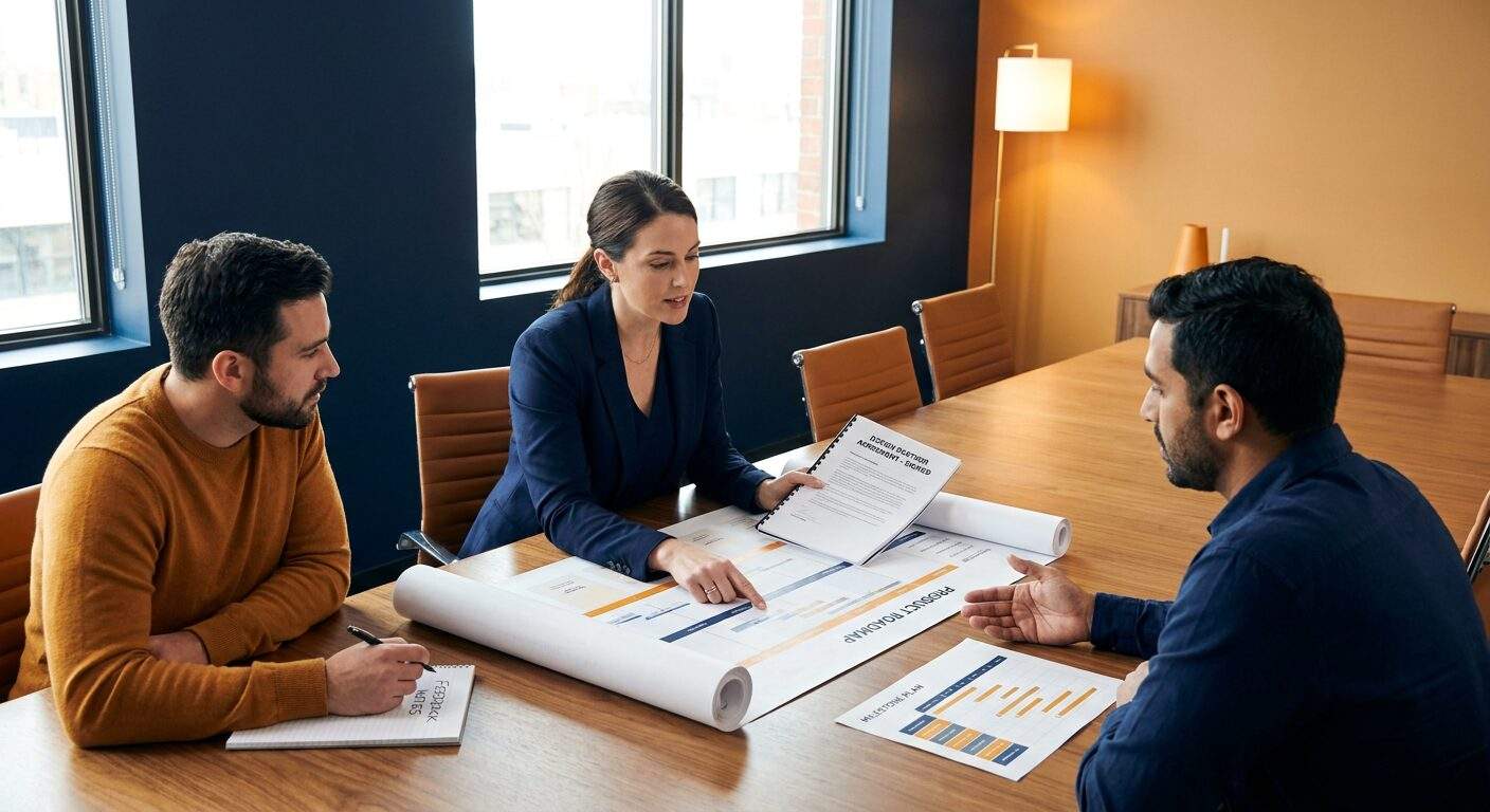 A product leader and two early customer partners reviewing a roadmap and a signed design partner agreement at a conference table, feedback notes and a milestone plan visible, deep navy and warm amber palette
