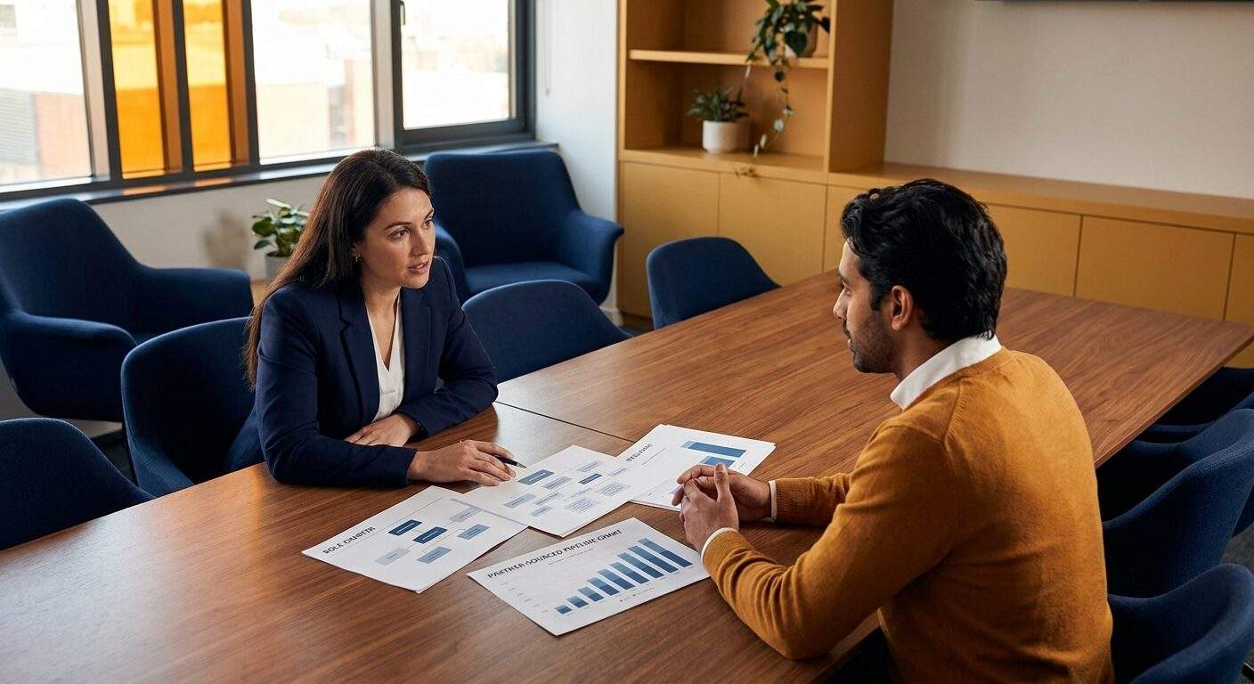 A head of partnerships in a working session with a CRO, a printed role charter and a partner-sourced pipeline chart on the table between them, deep navy and warm amber palette