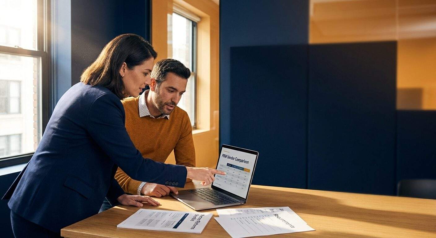 A partnerships leader and an ops manager comparing PRM vendors on a laptop, a printed shortlist of partner platforms and a requirements checklist on the table, deep navy and warm amber palette