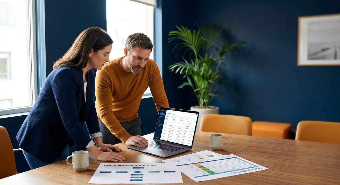 introw-prm-3 - Forecastable A RevOps manager and a partnerships leader reviewing a CRM-native partner platform on a laptop, a printed deal-registration workflow and CRM pipeline view on the table, deep navy and warm amber palette