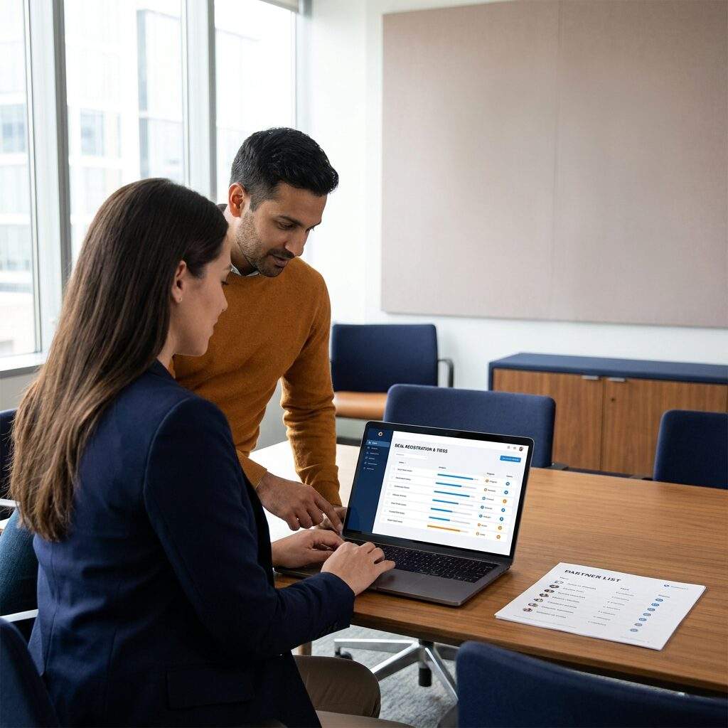 A partnerships lead at a growing SaaS company onboarding a new referral partner on a laptop, a simple deal-registration and tier view open on screen, a printed partner list on the desk, deep navy and warm amber palette