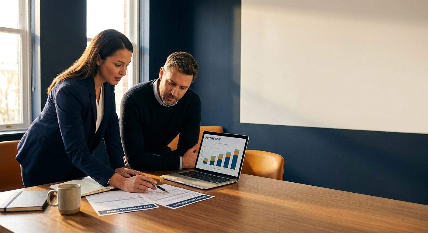 A vendor partner marketing lead and a channel partner reviewing a market development funds request and a campaign results sheet across a desk, a printed MDF approval form and a laptop pipeline view visible, deep navy and warm amber palette