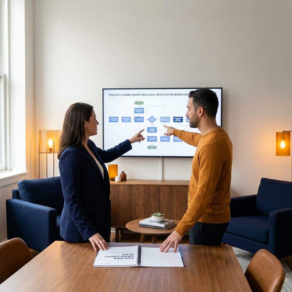 A channel operations manager and a partner marketing lead reviewing a through-channel marketing and deal-registration workflow on a wall monitor, a printed partner enablement plan on the table, deep navy and warm amber palette