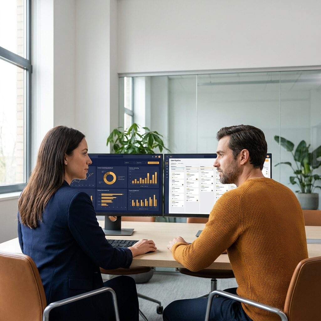 A partnerships leader and a RevOps analyst comparing a partner marketing dashboard against a CRM pipeline view on two side-by-side monitors in a conference room, deep navy and warm amber palette