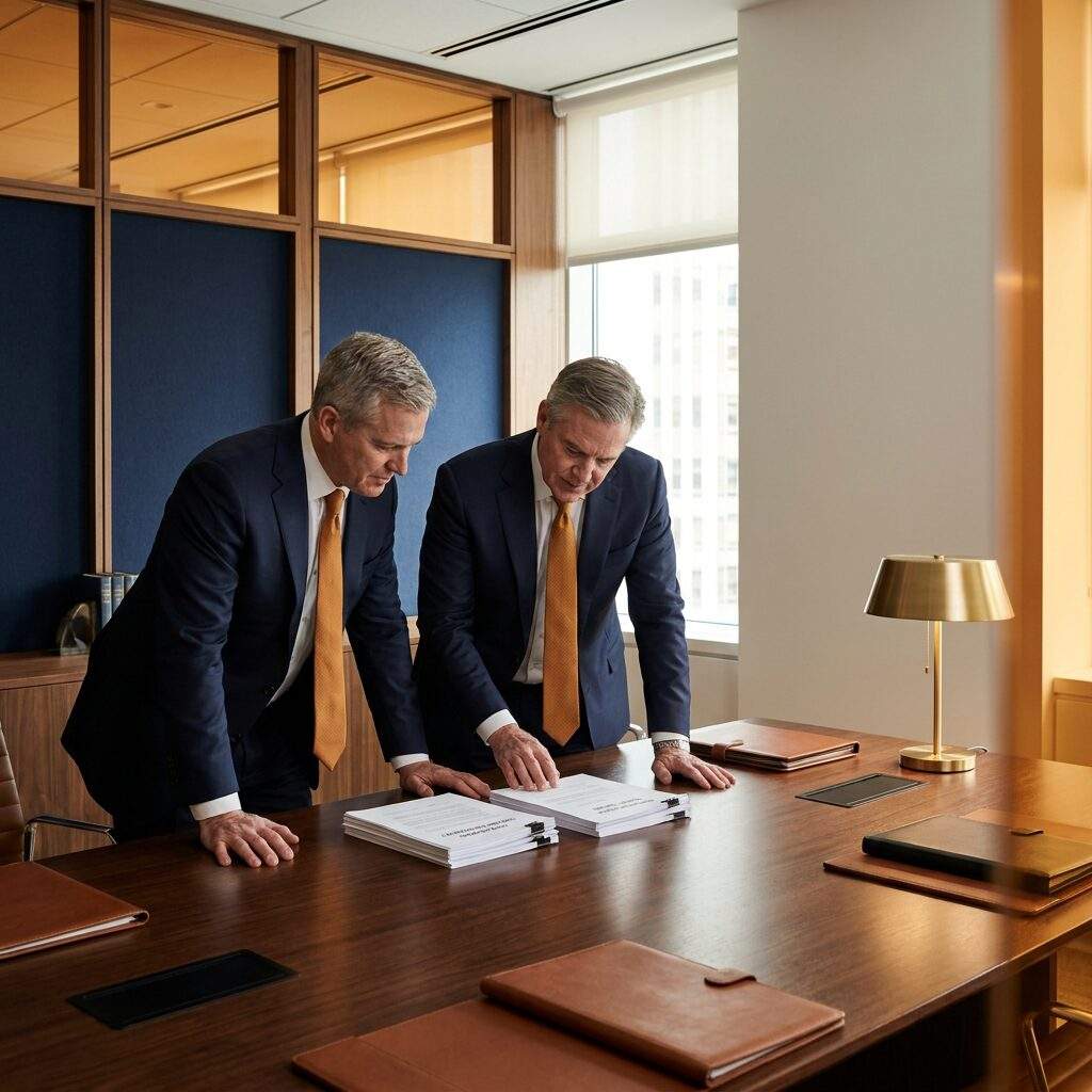 Two alliance leaders from different companies reviewing a signed OEM embedding agreement and a revenue-share term sheet across a conference table, deep navy and warm amber palette