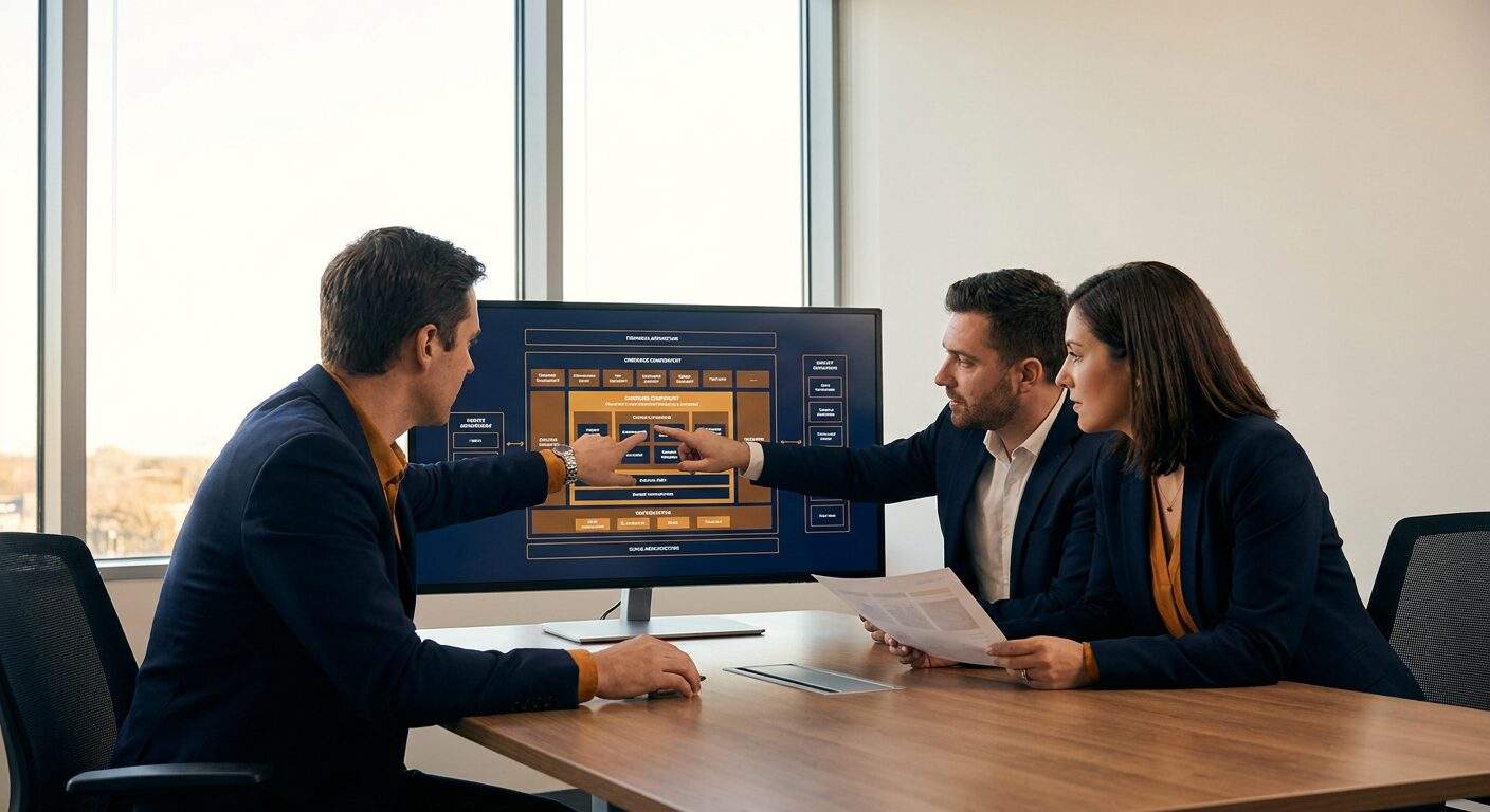 Two product and alliance leaders reviewing an OEM embedding agreement with an architecture diagram of an embedded component on a monitor, deep navy and warm amber palette