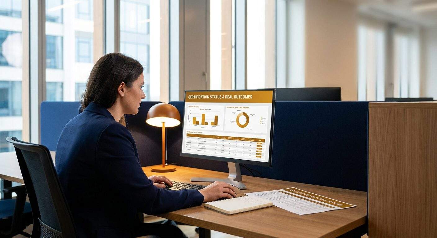 A partner enablement manager reviewing a certification status board tied to partner deal outcomes on a monitor, a printed roster of certified reps and their pipeline on the desk, deep navy and warm amber palette