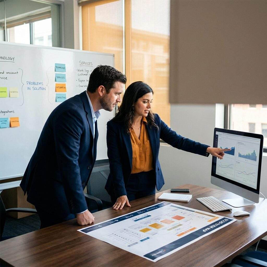A partnerships leader mapping account overlap with a sales director on a screen, technology and services partners grouped by role on a whiteboard, a printed ecosystem map on the table, deep navy and warm amber palette