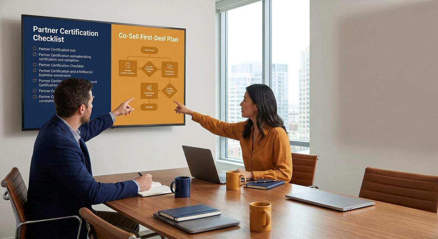 A partner manager running an enablement session with a partner rep, a certification checklist and a co-sell first-deal plan on the shared screen, deep navy and warm amber palette