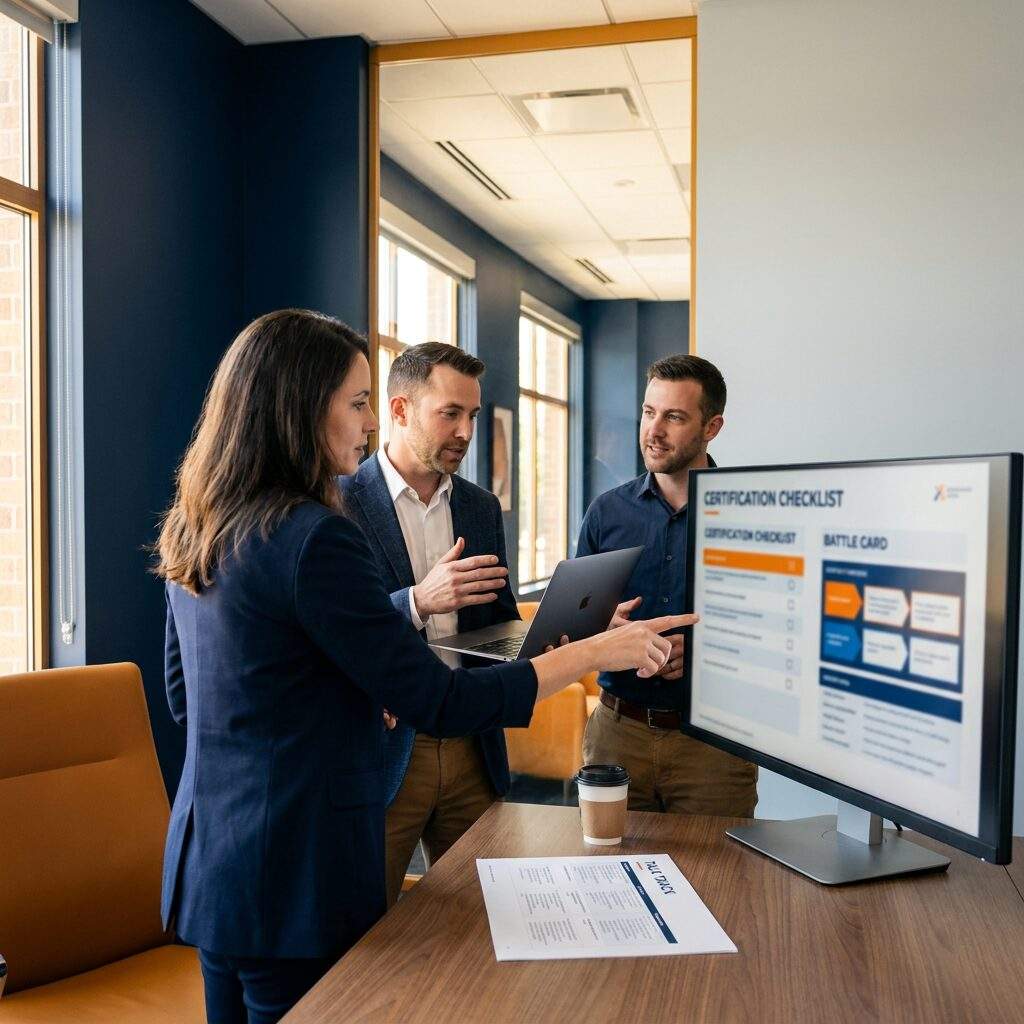 A partner enablement manager coaching two partner reps through a demo rehearsal, a certification checklist and battle card on the screen and a printed talk track on the desk, deep navy and warm amber palette