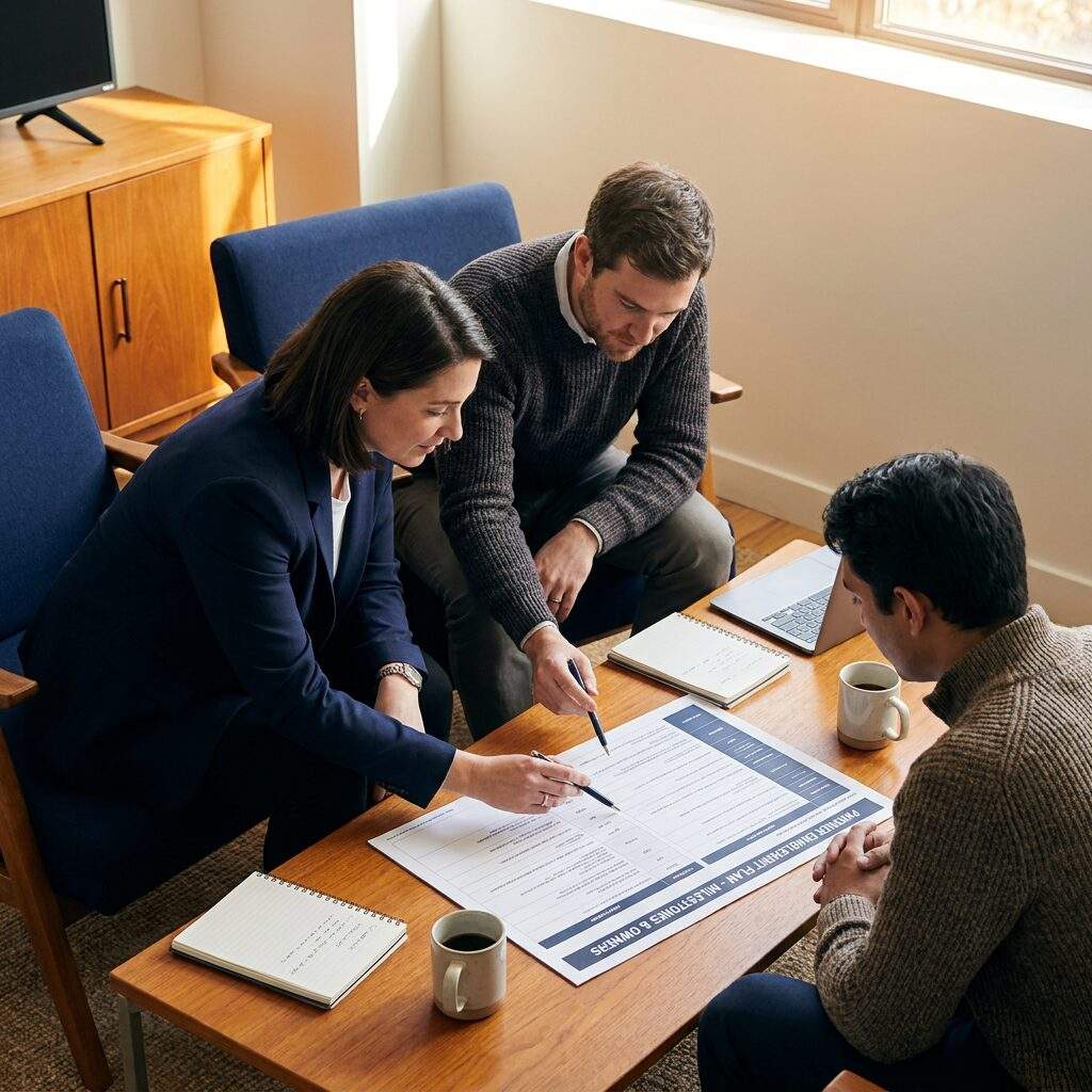 A partner enablement manager filling in a partner enablement plan template with a partner's team lead, a printed one-page plan with milestones and owners on the table, deep navy and warm amber palette