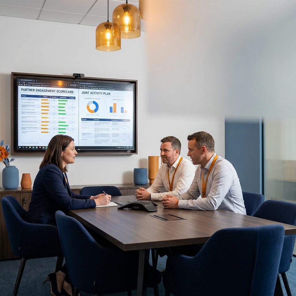 A partner manager and two partner reps in a working deal review, an engagement scorecard and a joint activity plan on the wall monitor, deep navy and warm amber palette