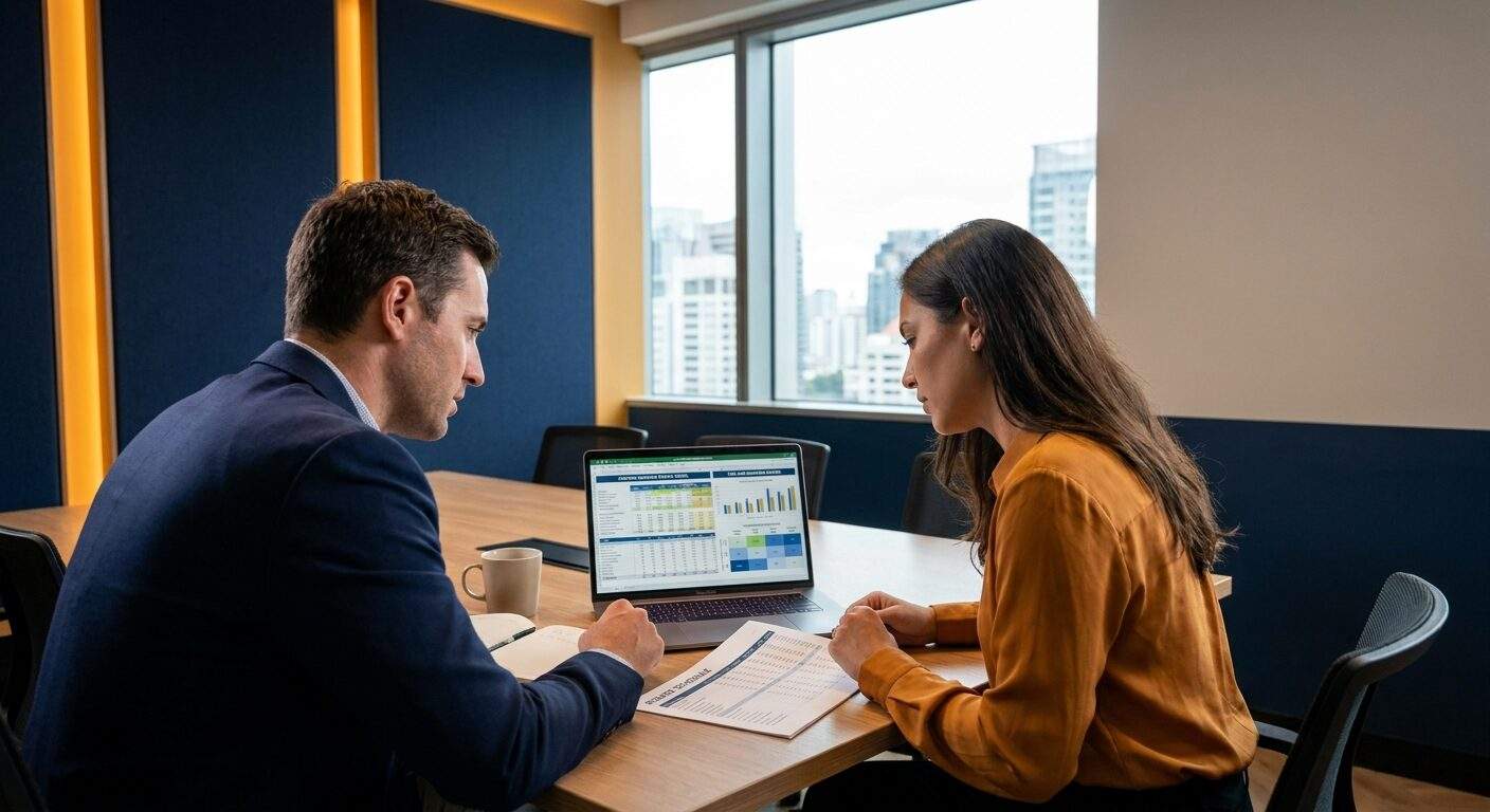 A partnerships leader and a finance partner reviewing a partner incentive payout model and a tier-and-behavior matrix on a laptop, printed rebate schedule on the desk, deep navy and warm amber palette