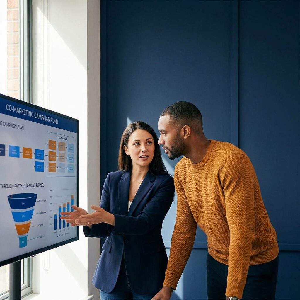 A partnerships leader briefing an external partner-marketing specialist, a co-marketing campaign plan and a through-partner demand funnel on the screen, deep navy and warm amber palette